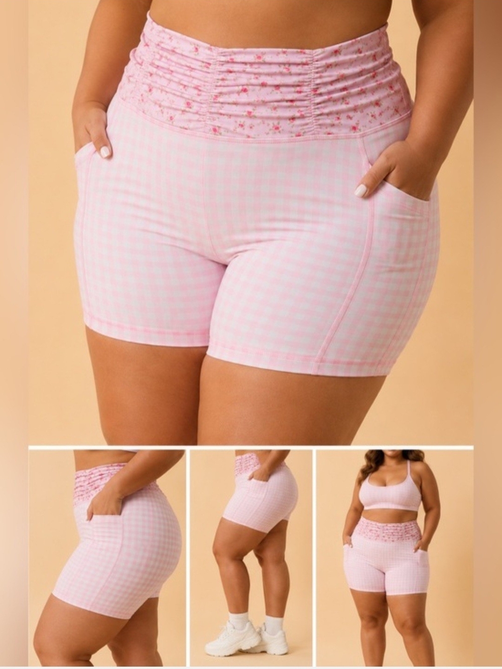 Blogilates High-Waist Pink Gingham Women's Active Shorts